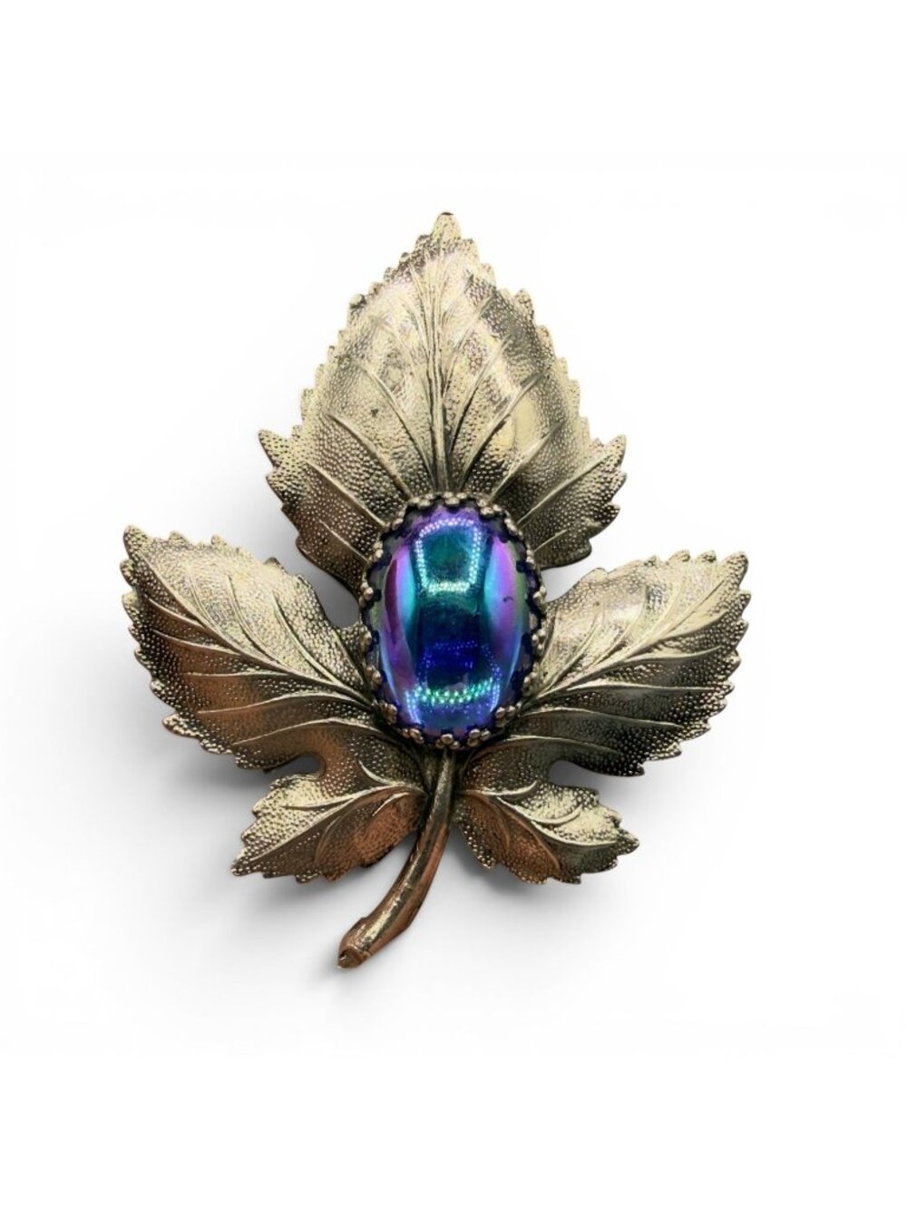Vintage Silver Tone Leaf Brooch Blue Iridescent Art Glass Cabochon Large Pin